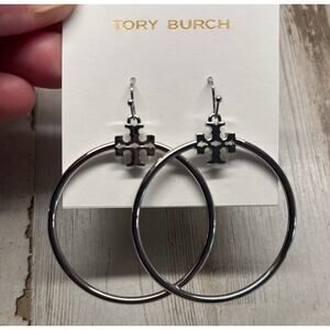 Tory Burch Stacked T Silver Hoop Earrings NWOT
